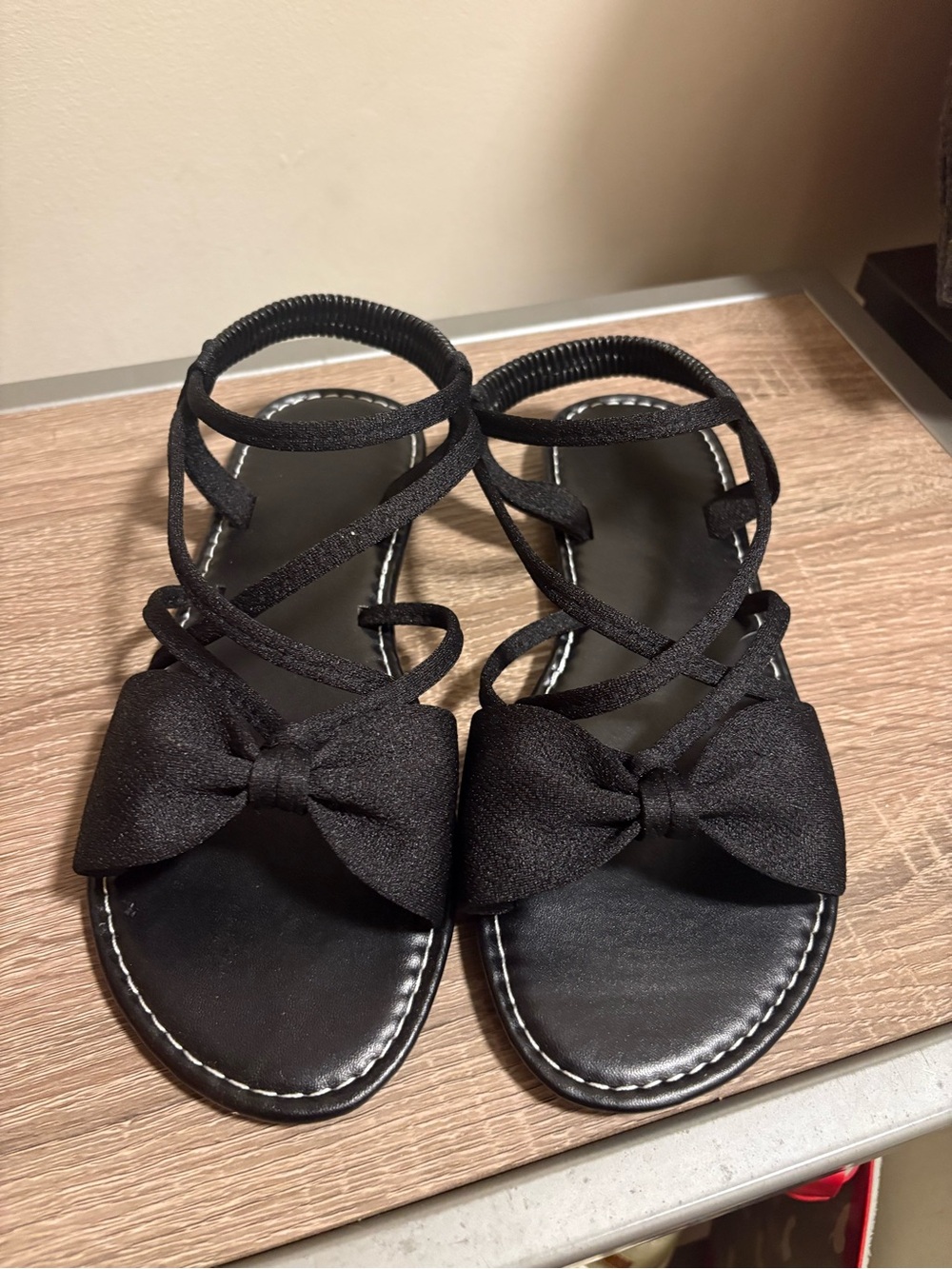 Black Bow Strappy Flat Sandals